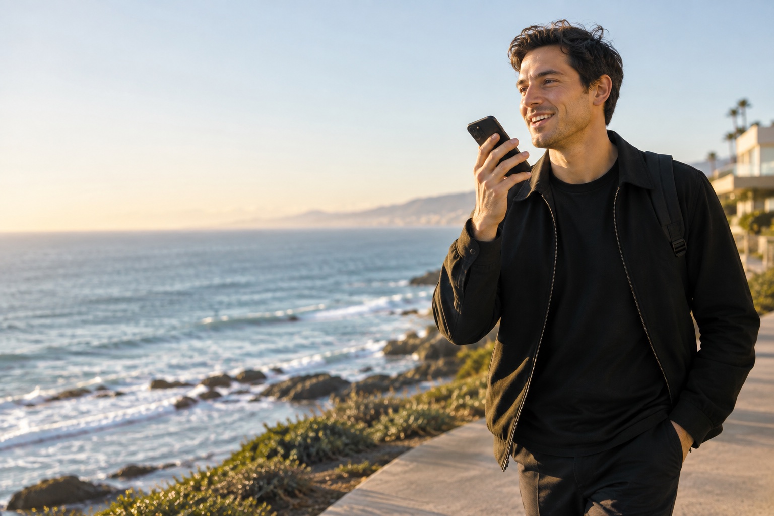 A person enjoying a coastal walk while talking into their phone