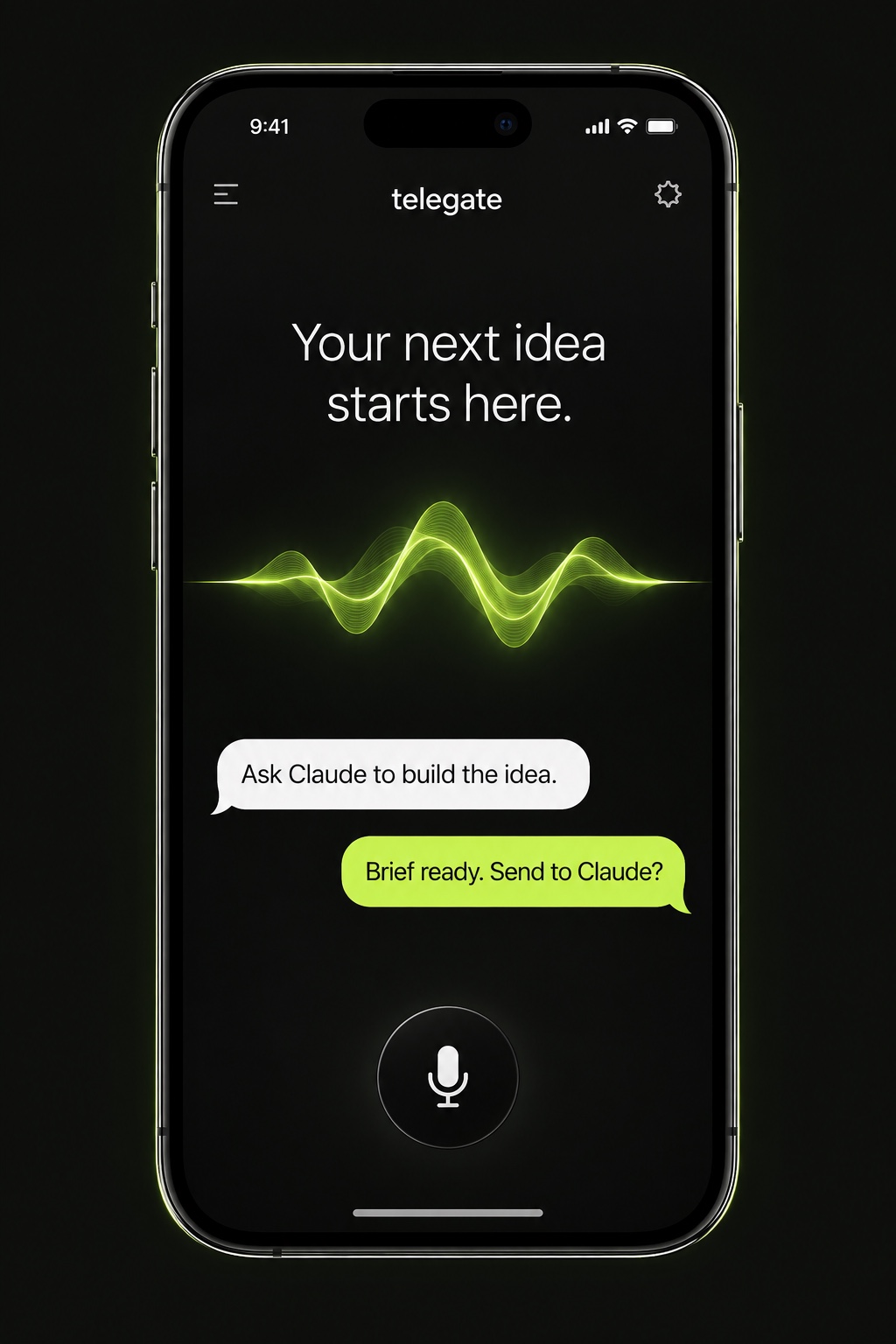Illustrative Telegate iPhone app showing a voice waveform and a brief ready to send to Claude